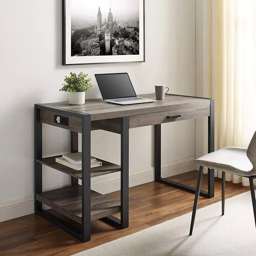 walker edison Walker Edison Modern Industrial Computer Gaming Desk Office Storage Shelves and Drawer with Electrical Outlet Home Office 48 Inch Driftwood