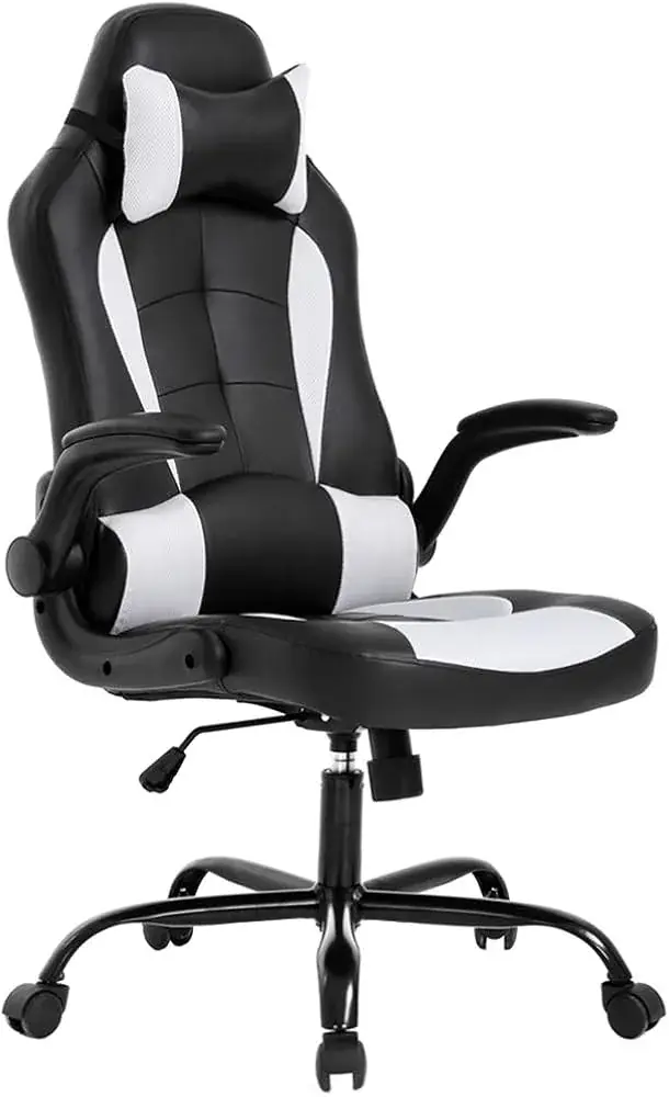 bestoffice BestOffice PC Gaming Chair Ergonomic Office Chair Desk Chair with Lumbar Support Flip Up Arms Headrest PU Leather Executive High Back Computer Chair for Adults Women Men White
