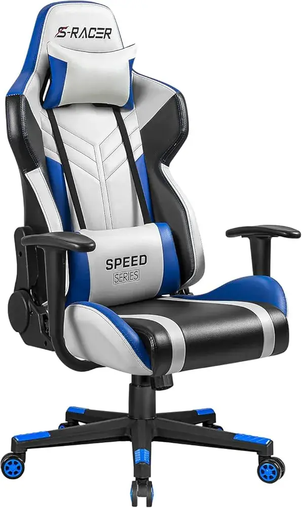 homall Homall Gaming Chair Office Chair High Back Computer Chair Leather Desk Chair Racing Executive Ergonomic Adjustable Swivel Task Chair with Headrest and Lumbar Support White