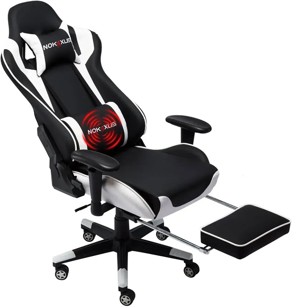 nokaxus NOKAXUS Gaming Chair,Gamer Chairs for Adults with Footrest,Ergonomic Office Chair,Racing Seat with Massager Lumbar Support and Retractible Footrest,PU Leather Chairs (YK-6008-WHITE)