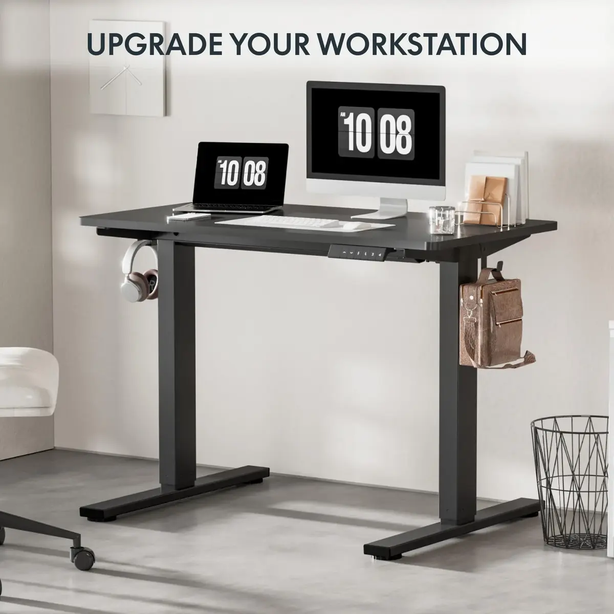 flexispot FLEXISPOT EN1 Whole Piece Standing Desk 48 x 30 Inches Height Adjustable Electric Sit Stand Home Office Desks (Black Frame + Black top)