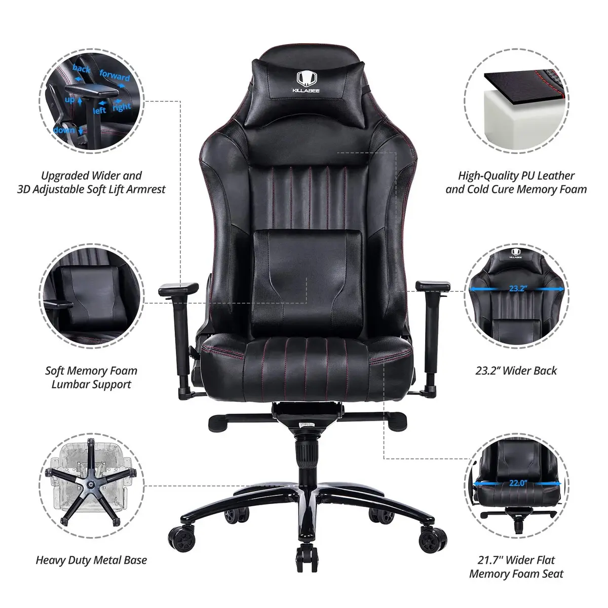 von racer VON RACER Memory Foam Gaming Adjustable Tilt Angle and 3D Arms Ergonomic High-Back Leather Racing Executive Computer Desk Office Chair Metal Base Dark Black
