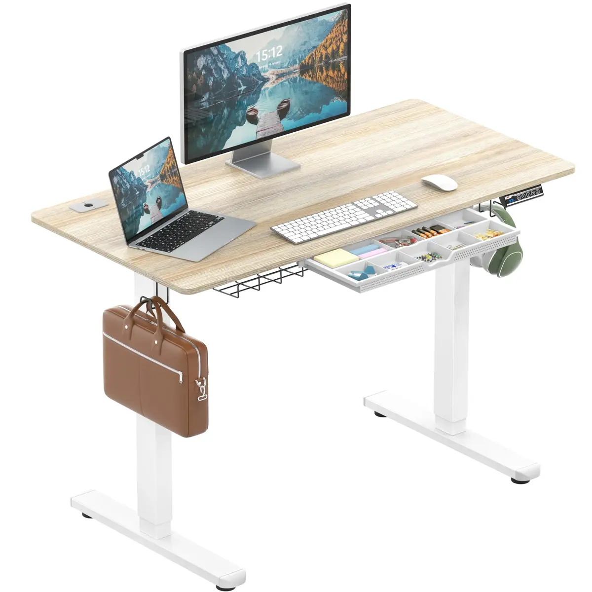 shw SHW 48-Inch Electric Height Adjustable Standing Desk with Drawer Memory Preset and Cable Management Tray Black
