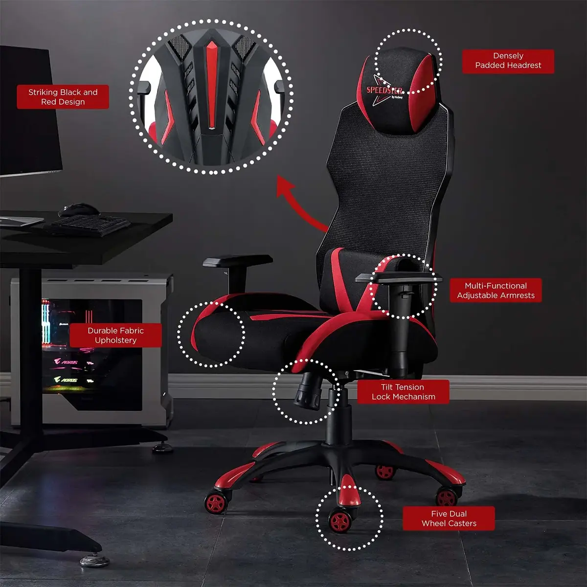 modway Modway Speedster Ergonomic Mesh Gaming Computer Desk Chair in Black Red