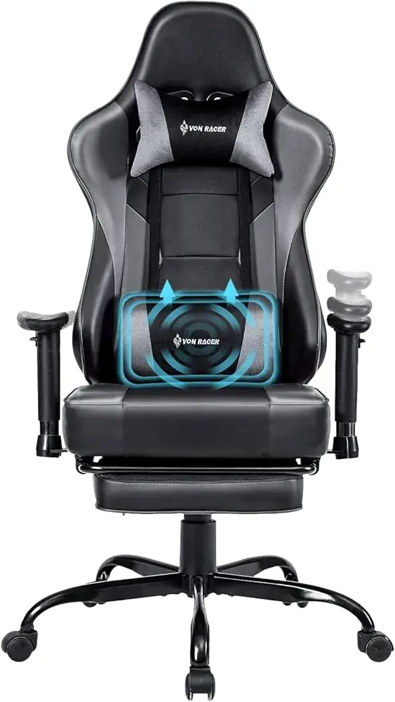 von racer VON RACER Massage Gaming Chair High Back Racing PC Computer Desk Office Chair Swivel Ergonomic Executive Leather Chair with Footrest and Adjustable Armrests Gray Black