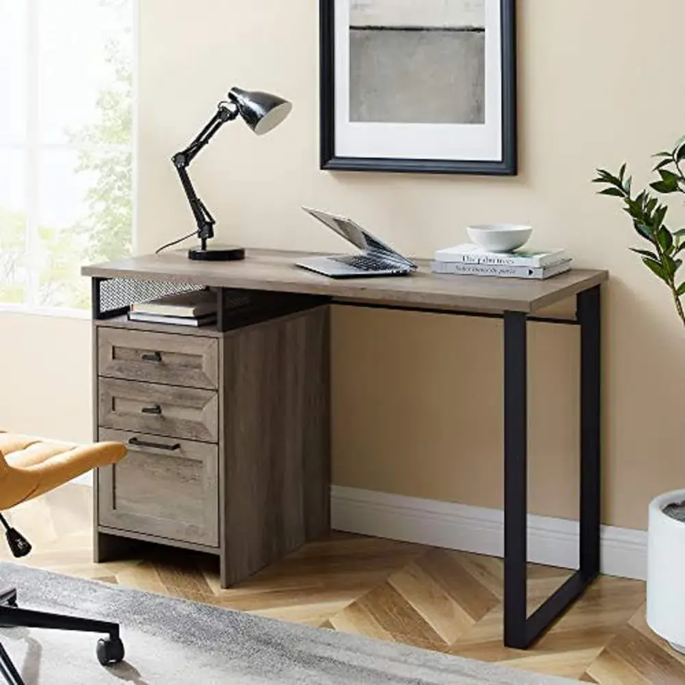 walker edison Walker Edison Modern Metal and Wood 3 Drawer Writing Desk Home Office Workstation Small 48 Inch Grey Wash