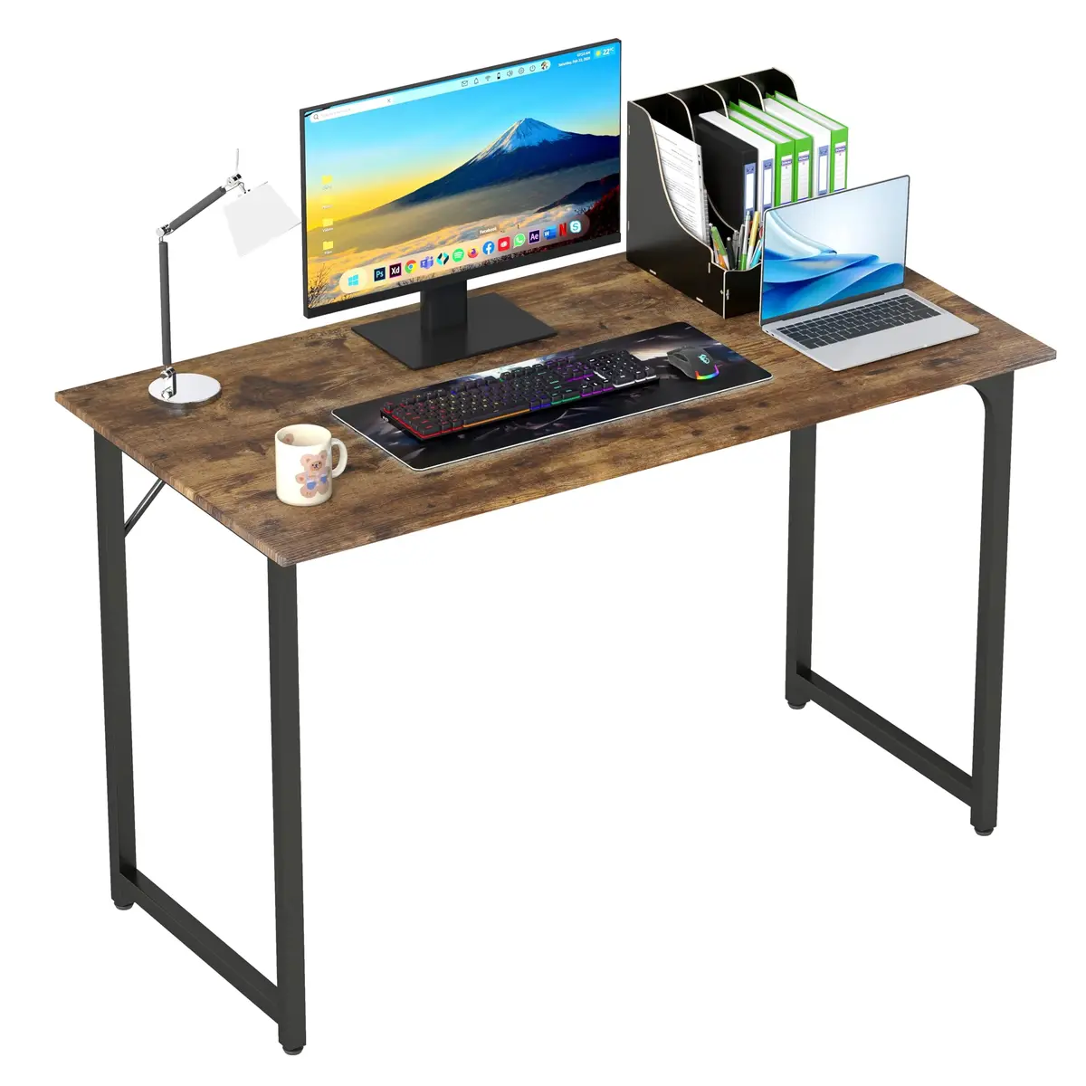 paylesshere PayLessHere 47 Inch Computer Desk Brown Office Desk with Metal Frame Adjustable Feet Water-Resistant Scratchproof Surface Sturdy Writing Table for Home Office or Study