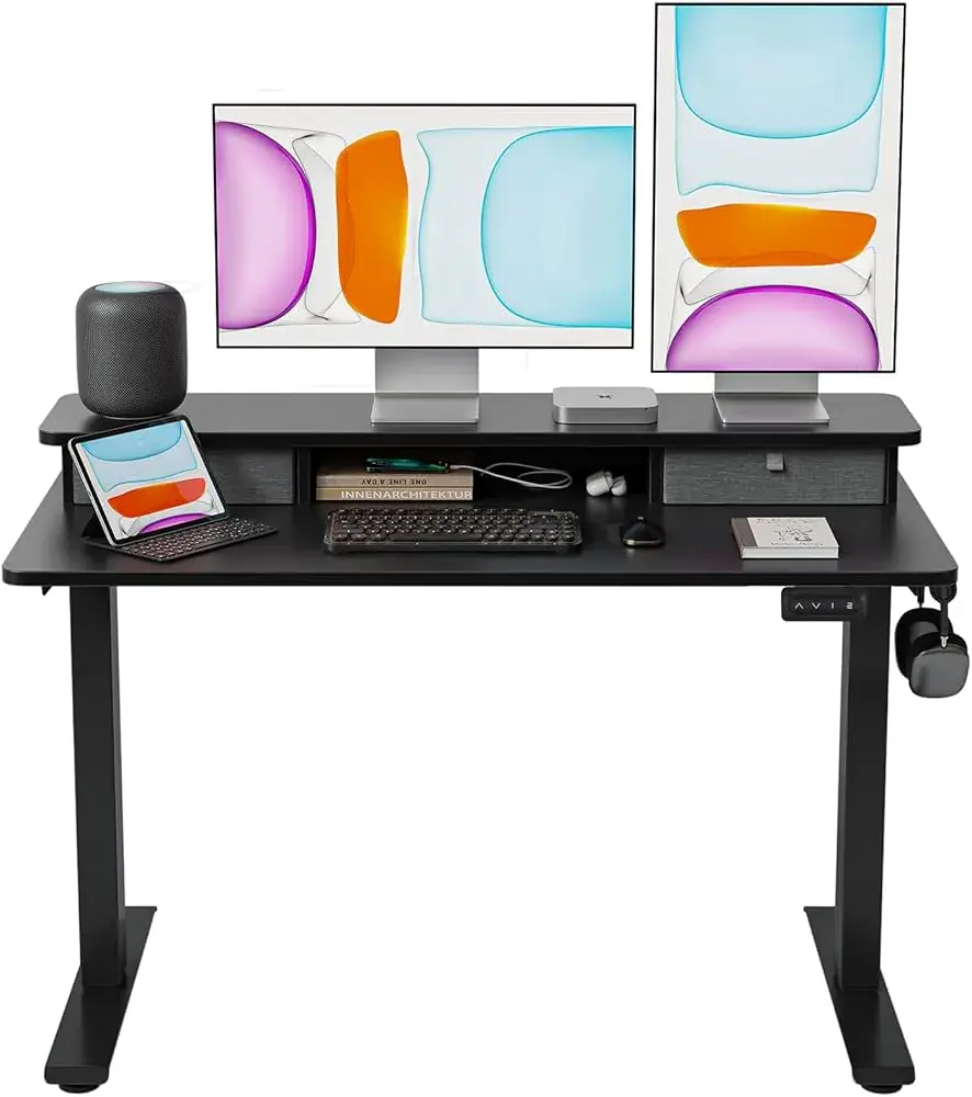 banti BANTI 48x24 Inch Electric Standing Desk with Double Drawers Adjustable Height Stand Up Desk Sit Stand Home Office Desk with Storage Shelf