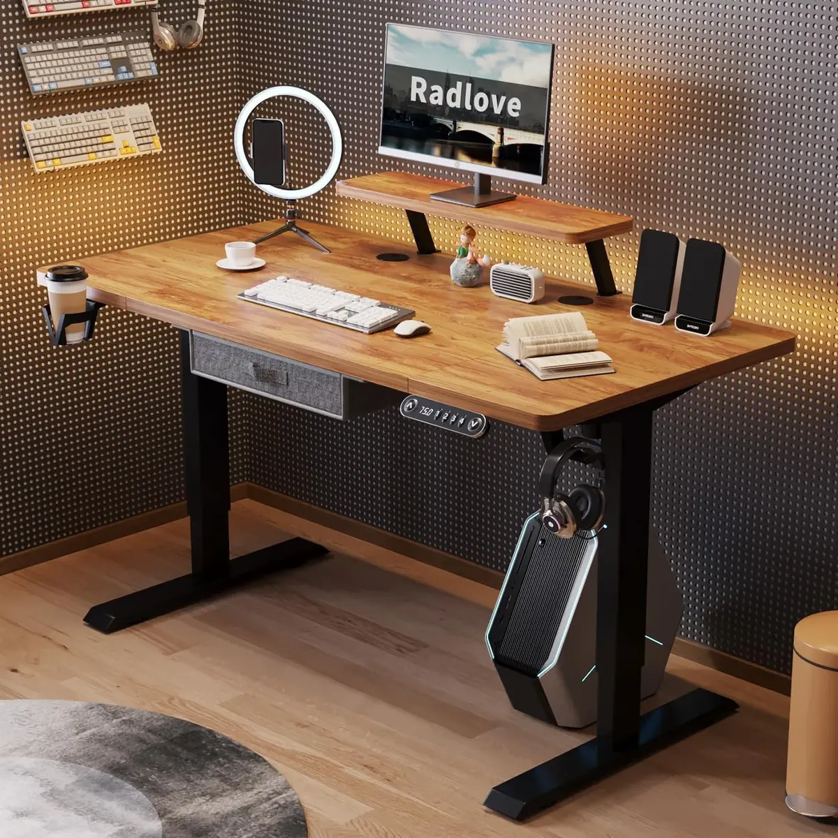 radlove Radlove Electric Standing Desk 55 x 30 Height Adjustable Computer Desk Sit Stand Desk Home Office Desks with Splice Board and Under Desk Cable Management Tray White Frame + Oak Top