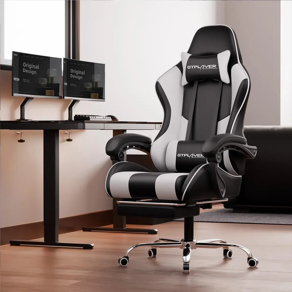 gtplayer GTPLAYER Gaming Chair, Computer Chair with Footrest and Lumbar Support, Height Adjustable Game Chair with 360°-Swivel Seat and Headrest and for Office or Gaming (White)