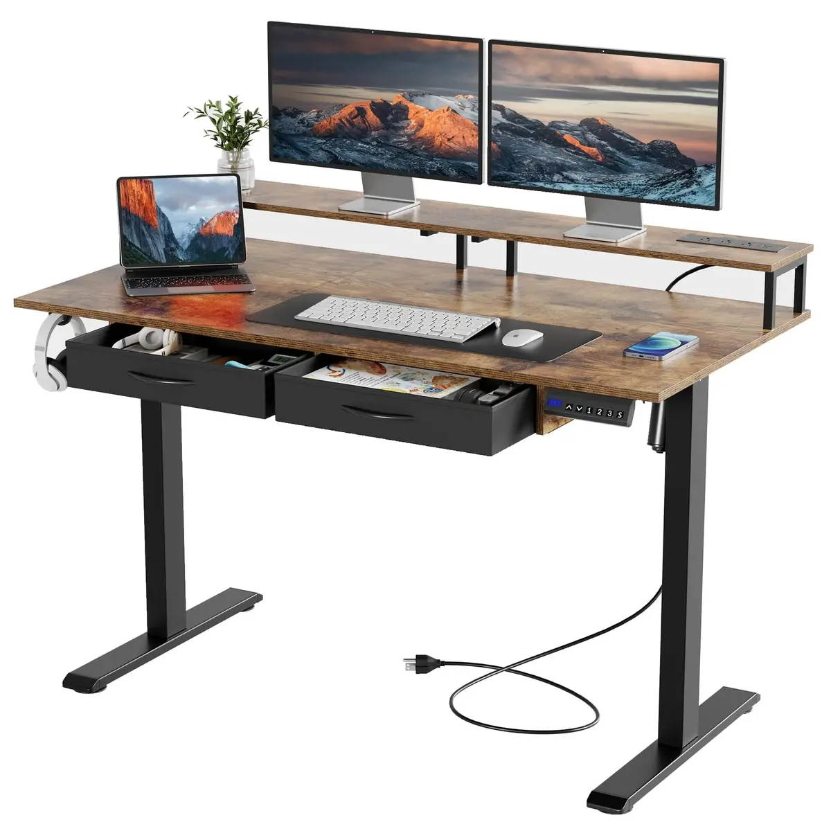 mr ironstone Mr IRONSTONE Electric Standing Desk with Monitor Shelf 47" x 27" Height Adjustable Desk with 3 AC Outlets & 2 USB Ports Sit Stand Up Desk Home Office Computer Desk White