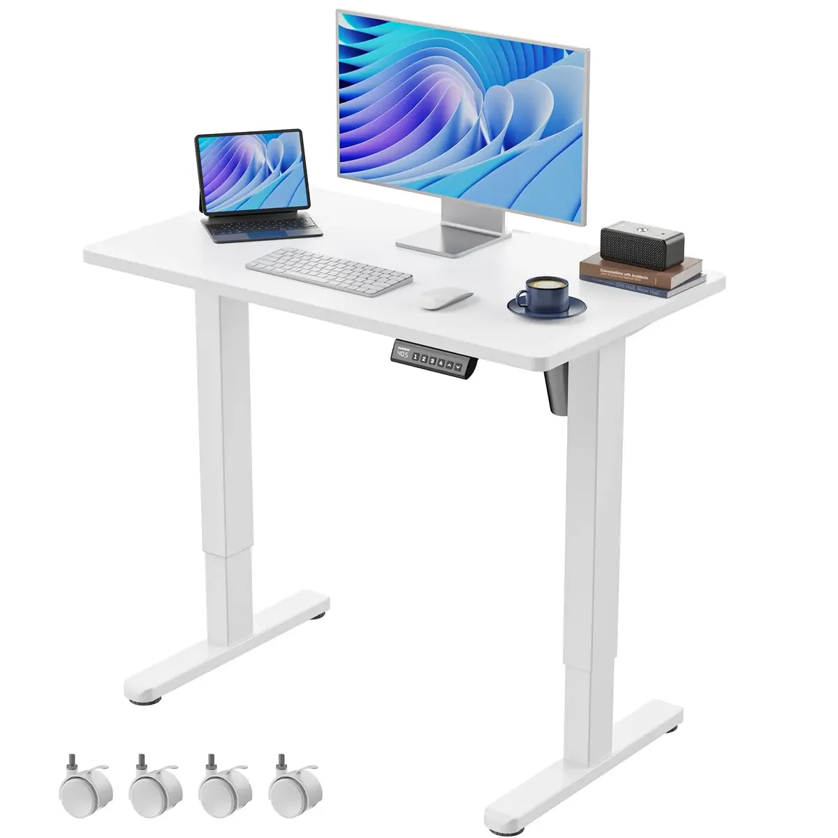 huanuo HUANUO Electric Small Standing Desk 35" x 20" Whole Piece Desktop Adjustable Height Computer Desk 4 Height Memory Settings Sit Stand Up Desk for Home Office White